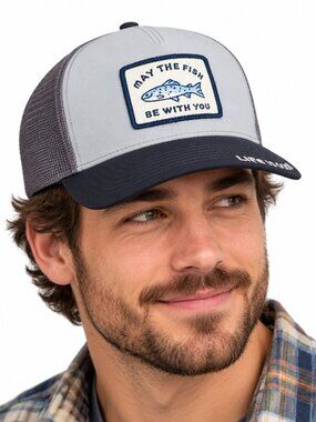 LIFE IS GOOD May The Fish Be With You Trucker Hat Grey Navy Fishing Snapback